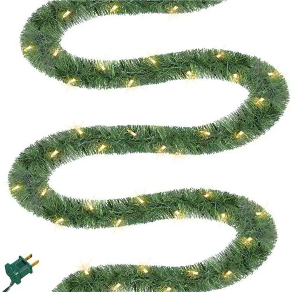 50FT Pre-lit Christmas Green Garland, Lighted Artificial Pine Garlands